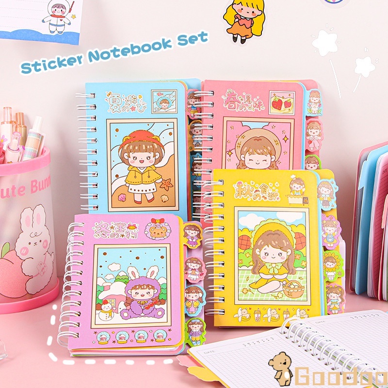 2 in 1Buku Catatan Stiker Kartun Lucu Rollover Coil Buku Notebook Journal Alat Tulis-Doo