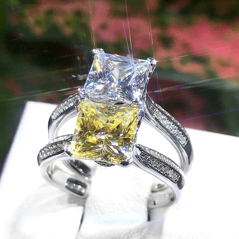 Goldkingdom Aksesoris Perhiasan Fashion Ready Stock Delapan Hati Imitasi D-Warna Mosan Batu Putri Cincin Persegi Berlapis Dengan Berlian Kuning Pt950