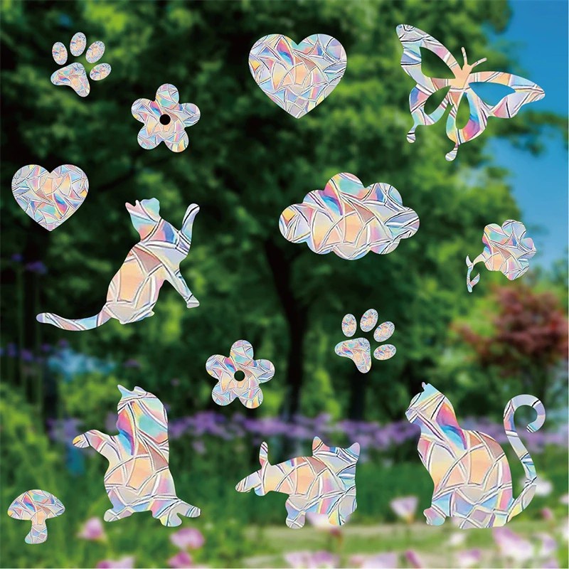 Rainbow Prism Electrostatic Glass Sticker Electrostatic PVC Removable Window Decals Jantung Bunga Kucing Burung Daun Pola Stiker Kindergarden Dekorasi Rumah Kantor