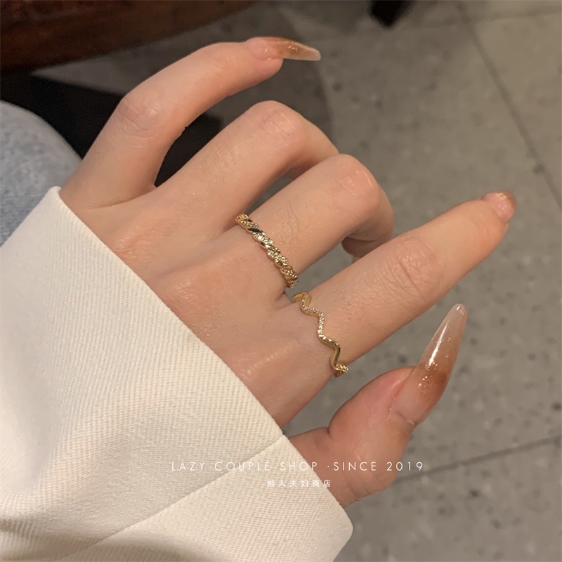 IFYOU Set Cincin Gelombang Garis Simple Cincin Polos Kristal Emas Silver Untuk Aksesoris Perhiasan Wanita