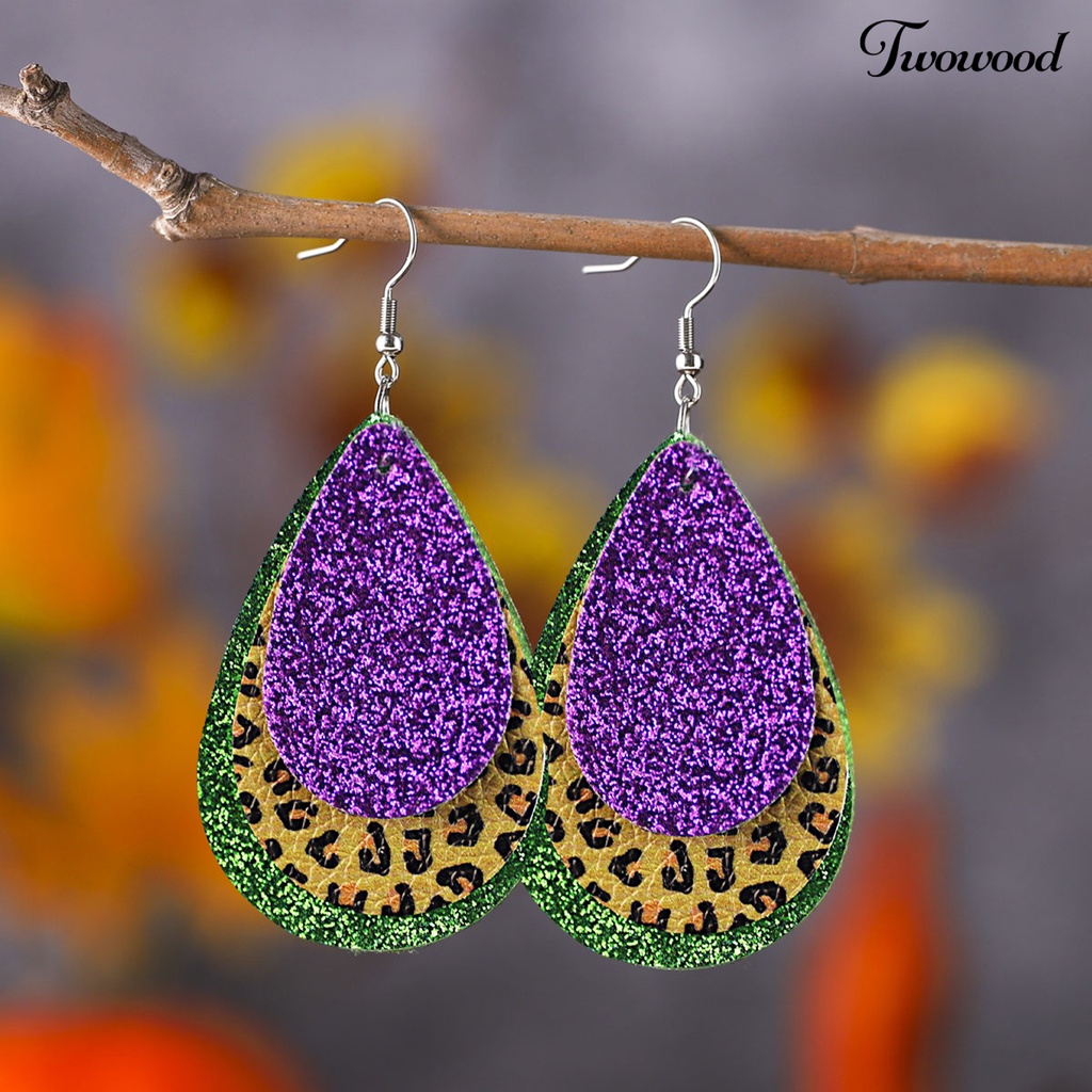 Twowood 1pasang Anting Kait Warna-Warni Glitter Teardrop Berbentuk Daun 3lapis Kulit Imitasi Menjuntai Anting Perlengkapan Karnaval