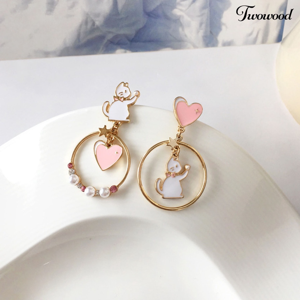 Twowood 1pasang Anting Pejantan Jepang Korea Gaya Berongga Cincin Berlian Imitasi Mutiara Imitasi Hadiah Menyenangkan Kartun Kucing Cinta Hati Gadis Drop Earrings Fashion Perhiasan