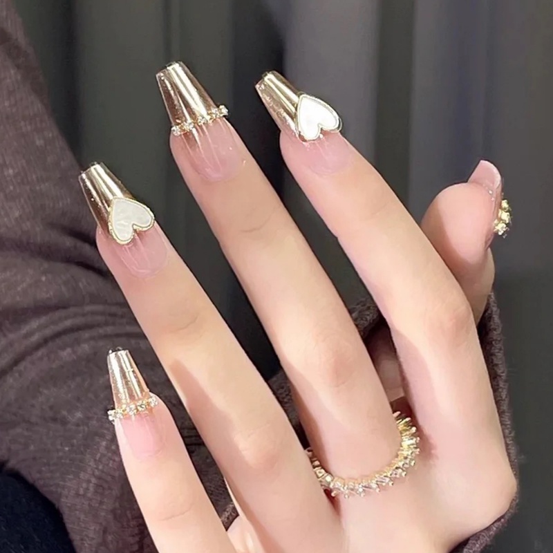 10 Pcs DIY 3D Shell Jantung Nail Art Berlian Imitasi Emas/Perak Perhiasan Datar Korea Jantung Bling Berlian Imitasi Batu Manicure Dekorasi