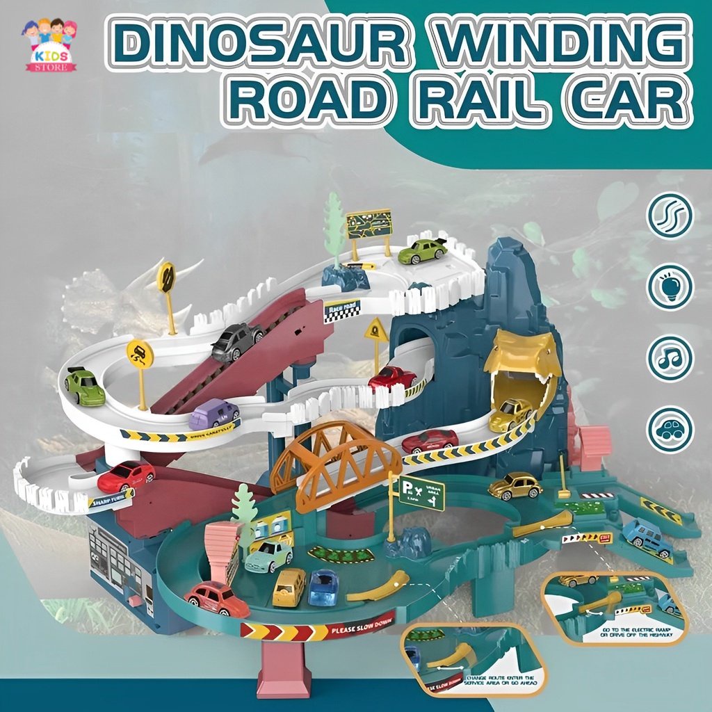 Winding Road Rail Car Dinosaurus Set Lengkap | Mainan Anak Laki Laki Mobil Mobilan 3-4-5-6-7 Tahun