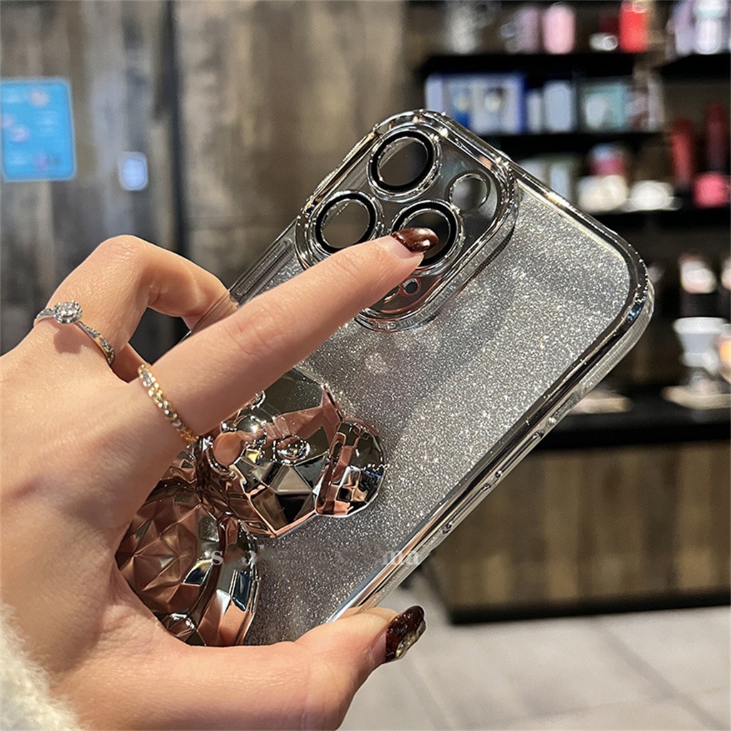 Film Lensa Perlindungan Kamera Mewah Untuk Case iPhone 14 Pro Max Plus Case iPhone 13 12 Pro Max Case 14 Promax Premium Shimmering Metal 3D Crystal Bear Shockproof Transparan Soft Cas