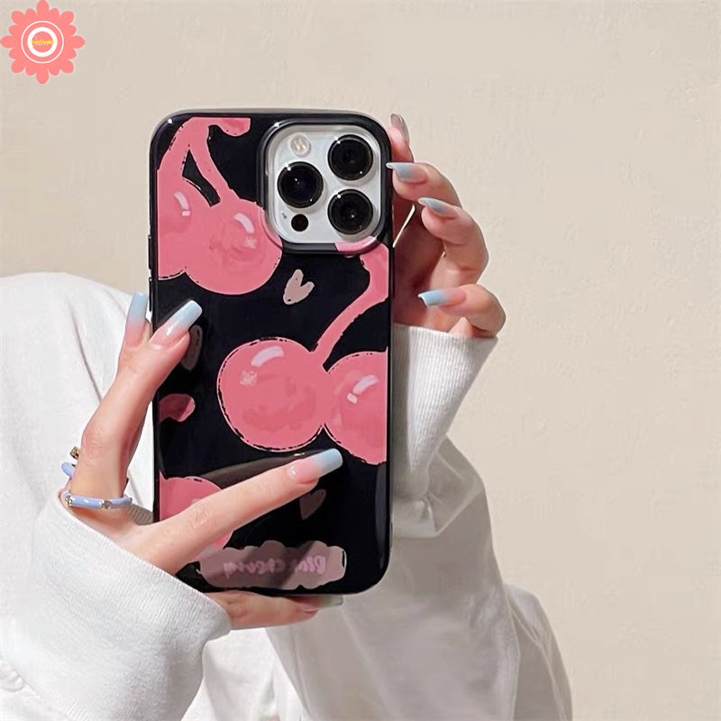 IPHONE Casing Ponsel Anti Guncangan Kompatibel Untuk Iphone7 8 Plus XR 11 Pro Max13 12 14 Pro Max X XS Max SE 2020 Kartun Yang Indah Smiley Lucu Glossy Pink Cherry Halus Keren Hitam Soft Cover