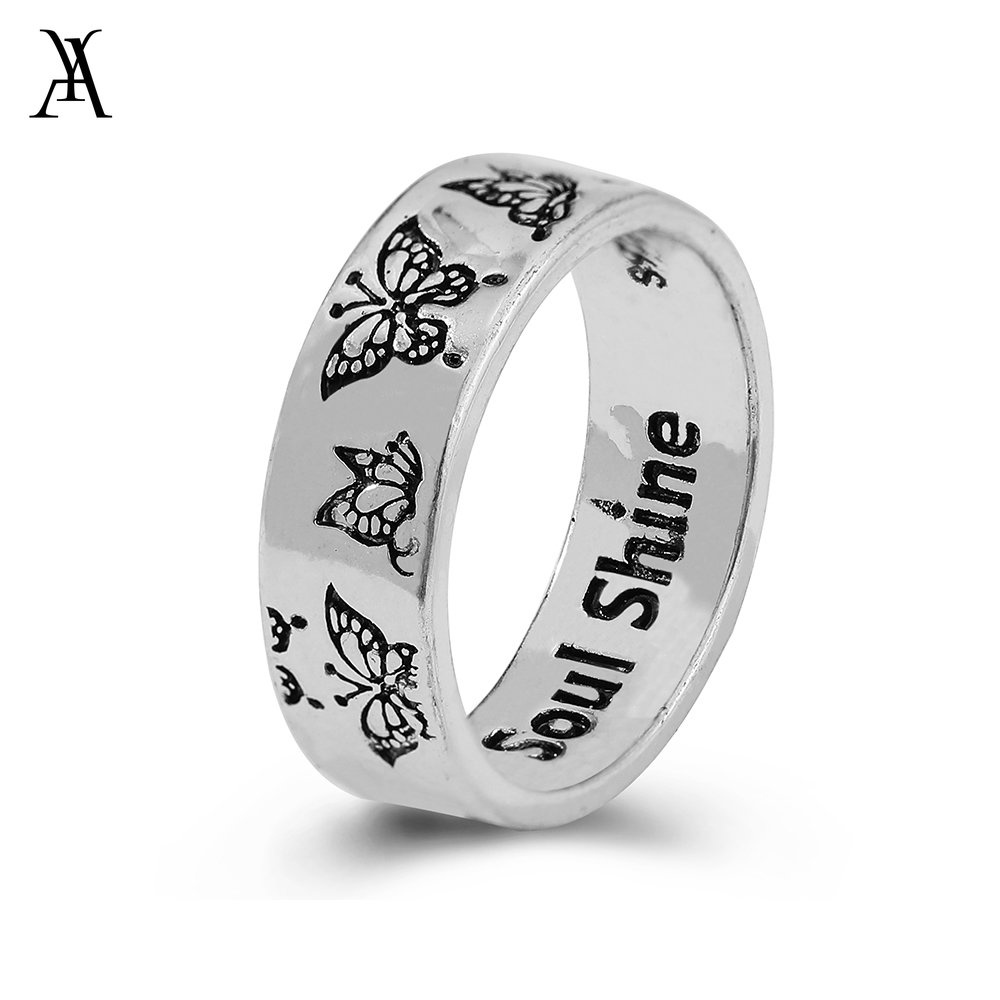 AY(CN) Korean Vintage Engraving Butterfly Silver Ring Women Jewelry Accessories