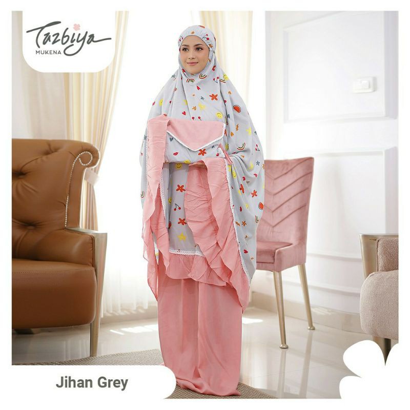 Mukenah Tazbiya Jihan/Jihan Kids Couple Jumbo Dewasa Katun Rayon Adem Motif Cantik Treveling