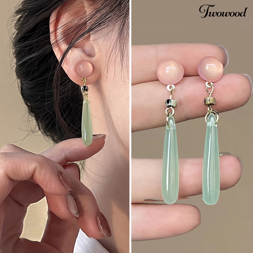 Twowood 1pasang Anting Menjuntai Gaya Cina Elegan Mulia Giok Imitasi Kalsedon Manik Drop Earrings Perhiasan Aksesoris