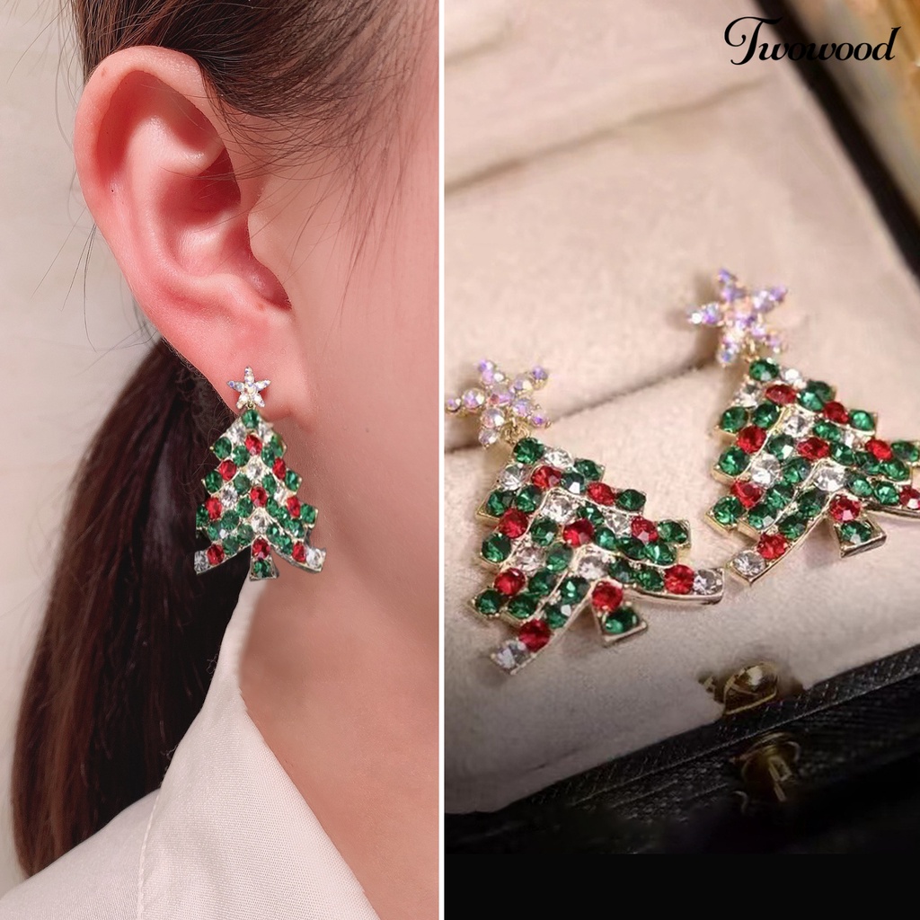 Twowood 1pasang Wanita Anting Natal High-end Mengkilap Cubic Zirconia Bentuk Pohon Natal Stainless Kaya Warna Menghias Telinga Indah Bentuk Bunga Lady Gantung Anting