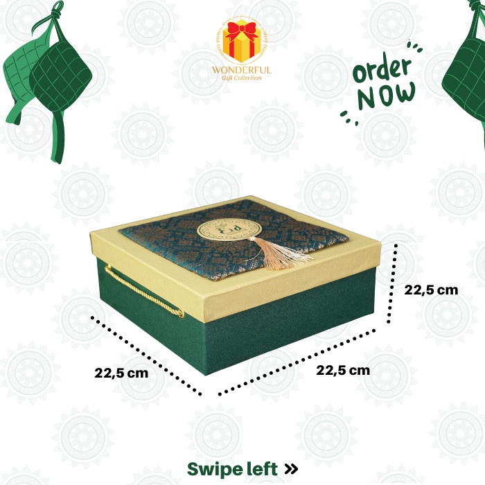 

⭐BISA COD⭐ HARDBOX HAMPERS LEBARAN MODEL BANTAL TALI HIJAU GOLD 22X22X8 L054B