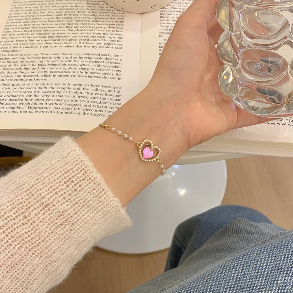 Timekey Peach Mutiara Imitasi Gelang Kalung Paduan Sederhana Cinta Liontin Klavikula Rantai Kalung Gelang Perhiasan D7F4