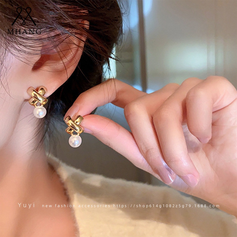 Korea Vintage Logam Salib Anting Mutiara Fashion Wanita Baru S925 Perak Jarum Anting Indah Perhiasan Hadiah