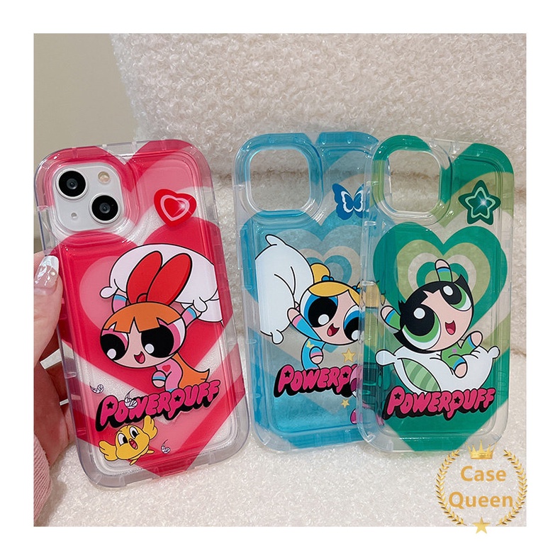 Sweet Love Heart Clear Shockproof AiRbag Case Kompatibel Untuk iPhone XR 11x XS Max14 7 13 8 12 Pro Max 6 6S Plus Kartun Lucu The Powerpuff Girls Soft TPU Back Cover