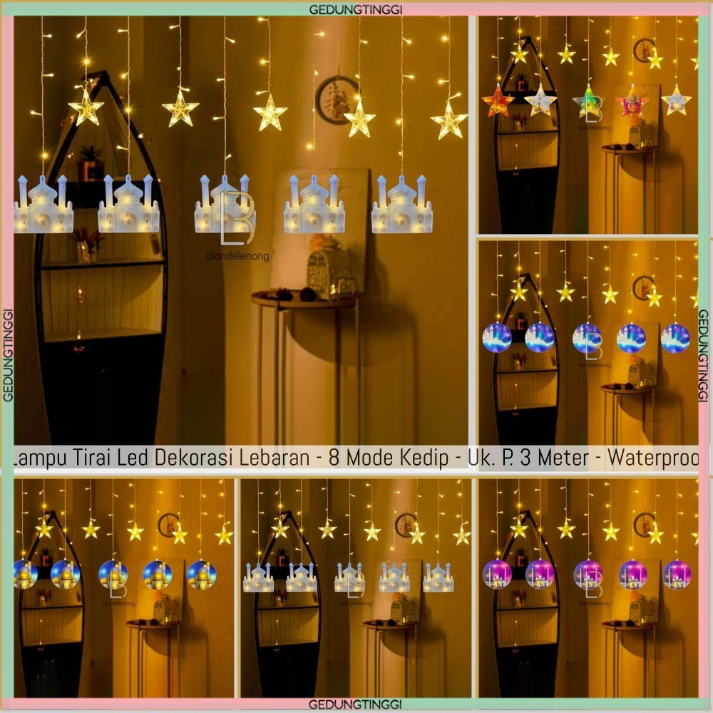 Lampu Tirai Hias Led Panjang Dekorasi Ornamen Ornament Perlengkapan Dekor Lebaran Idul Fitri Ramadhan Ramadan Kareem Ketupat Bulan Bintang Sabit Set Warna Warni Warm White RGB RBG Gantung Cafe Kafe Outdoor Outdor Waterproof Anti Air Hujan Kelap Kelip 2023