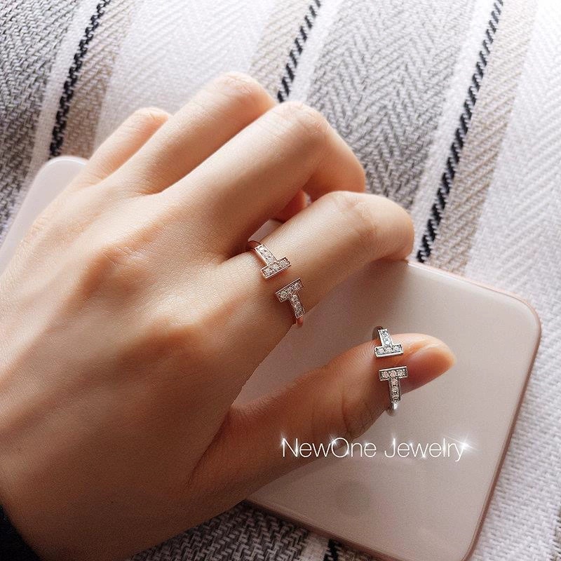 Cincin Pembukaan Berlian Berkilau Huruf T Ganda Aksesori Pasangan Korea Wanita