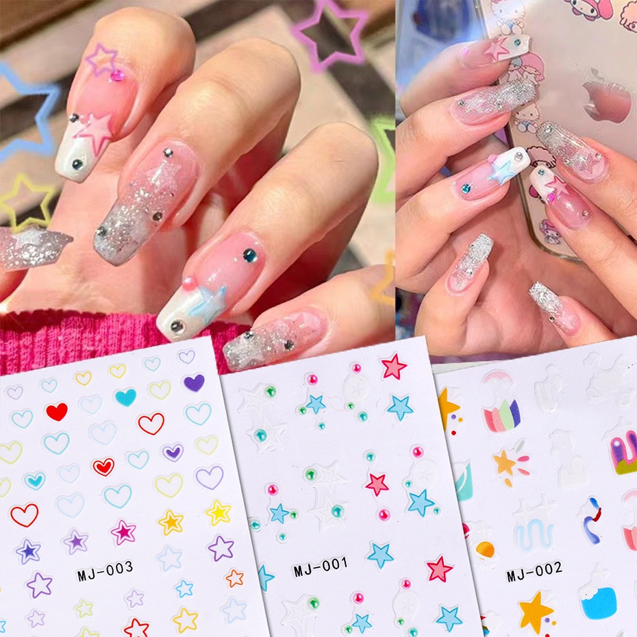 1lembar Pink Biru Pola Bintang Stiker Kuku 3D Makaron Warna Hati Awan Pelangi Perekat Diri Stiker Kuku Manicure Art Dekorasi Alat Makeup Kuku