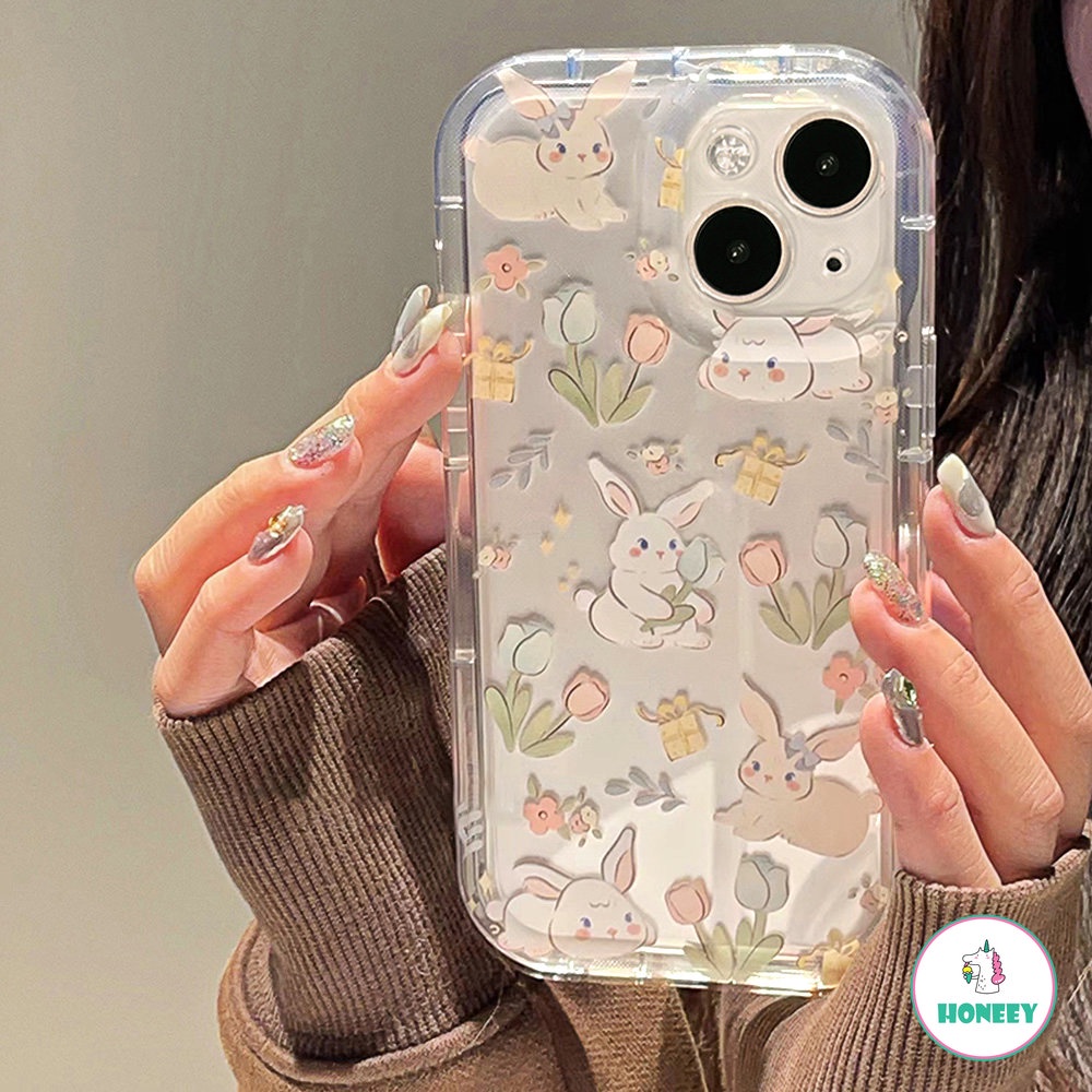 Cute Floral Flowers Rabbit Tebal Casing Ponsel Untuk iPhone 14 Pro 13 12 11 Pro Cover Silikon Lembut Indah Bumper Ponsel Bening Penutup Belakang