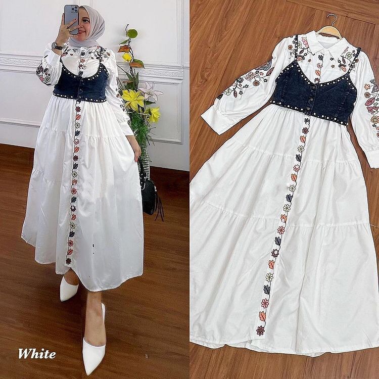Terbaru Midi Rayon Mix Rompi Jeans Gamis Midi Impor Terbaru OOTD wanita Kekinian Gamis Polos Aksen B