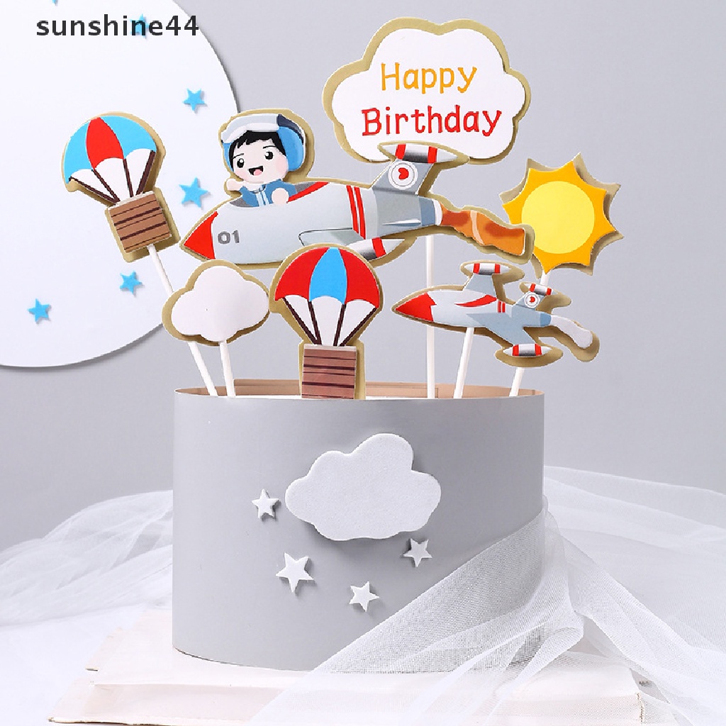 Sunshine Happy Birthday Cake Topper Pilot Pesawat Mobil Pohon Awan Anniversaire Decor Flag ID