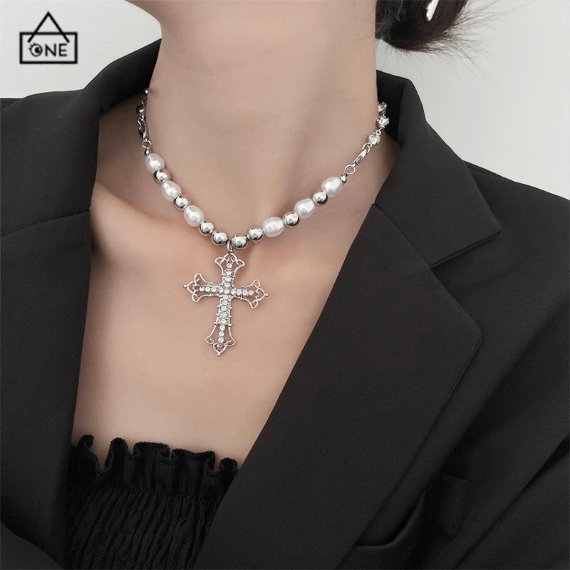 COD❤️Kalung Alloy Vintage Pearl Cross Pendant Punk Sweter Serbaguna Wanita-A.one