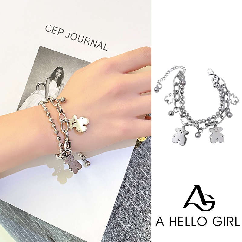 Gelang Rantai Charm Dua Layer Desain Beruang Bahan Tembaga Warna Silver