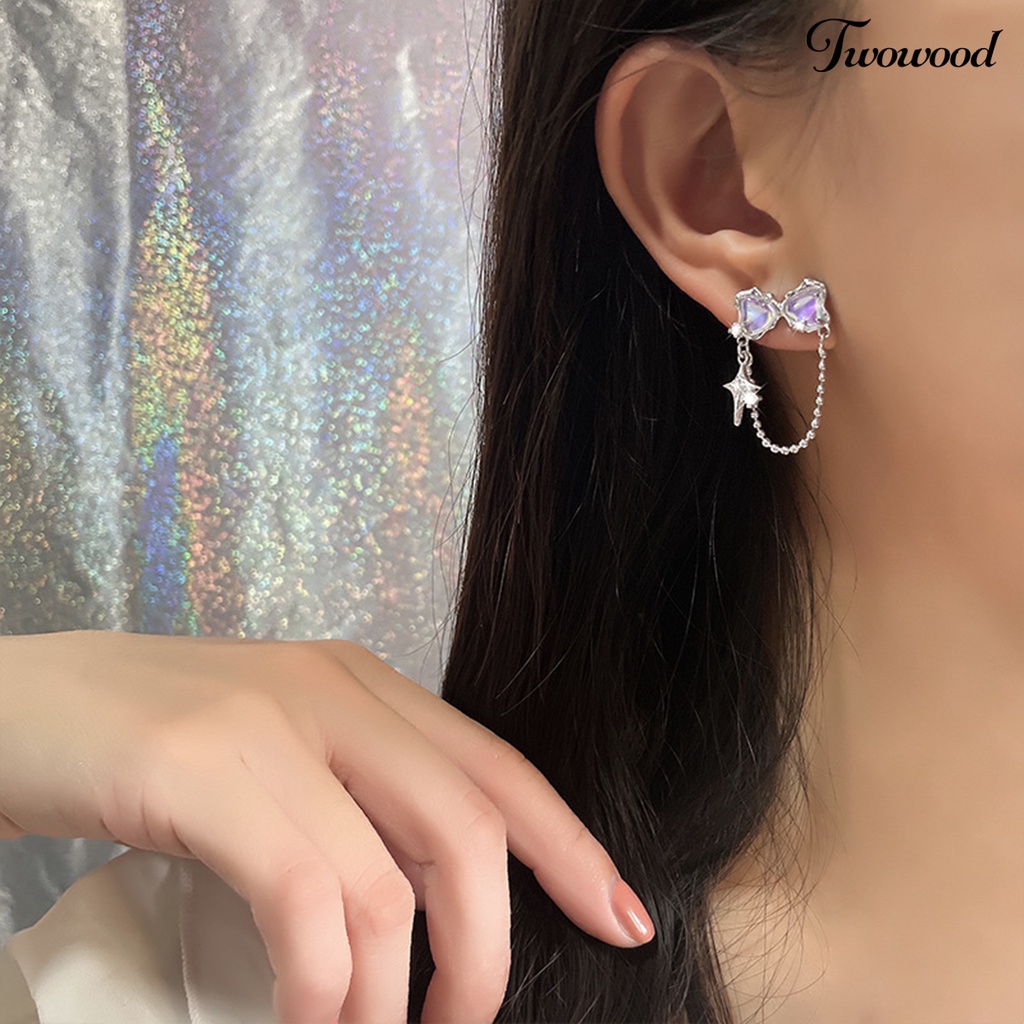 Twowood 1Pc Wanita Menjuntai Anting Busur Cubic Zirconia Sparkling Dress Up Perhiasan Manis Rumbai Bintang Stud Earring Gadis Hadiah