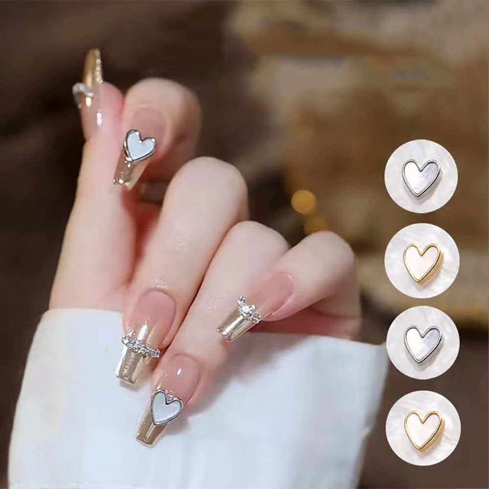 10pcs Fritillaria Cinta Hati Hiasan Kuku Warna Silver Gold Pinggiran Logam Shell Dekorasi Retro Sederhana Minimalis Manicure Aksesoris Desain Jepang DIY Nail Art Bagian