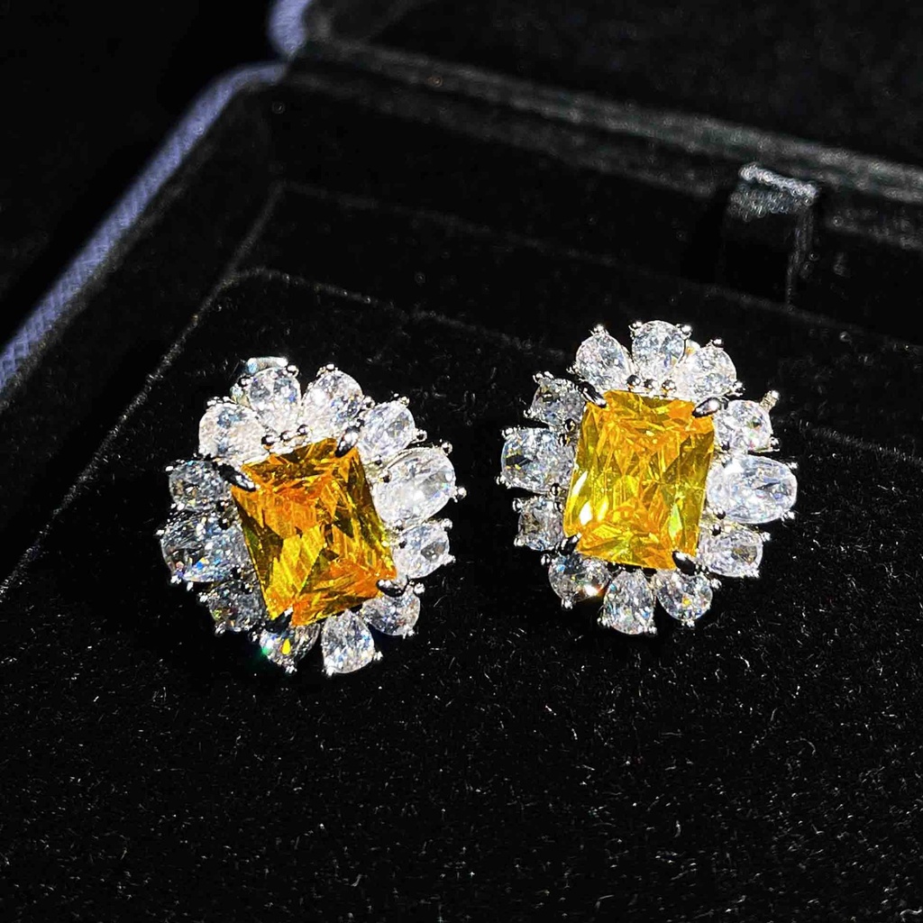 Goldkingdom Aksesoris Perhiasan Fashion Ready Stock Ringan Mewah Asche Berlian Kuning Topa Biru Argyle Pink Square Diamond Earrings Untuk Wanita