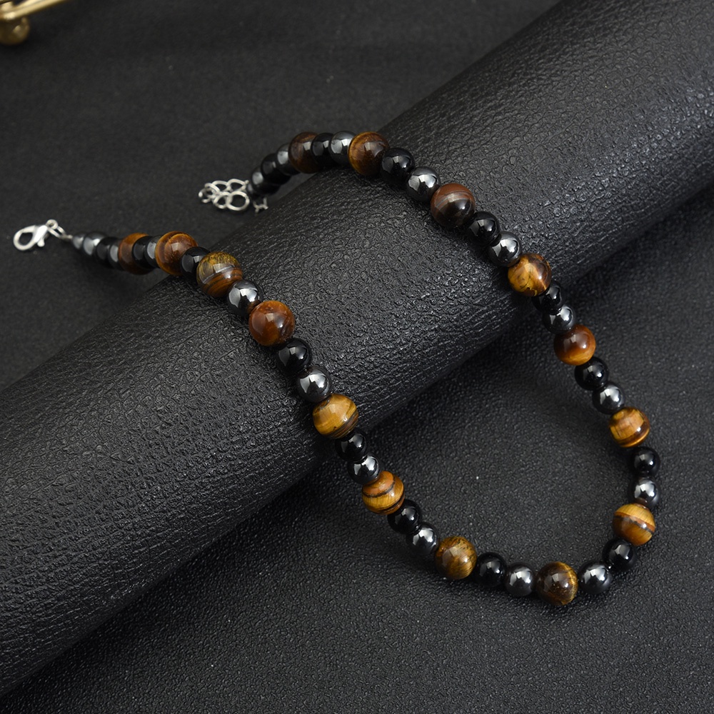 Kalung Manik-Manik Tiger Eye Vintage Pria/Kalung Obsidian Sederhana/Kalung Rantai Panjang/Kalung Choker Basic Sehari Hari/Aksesoris Perhiasan