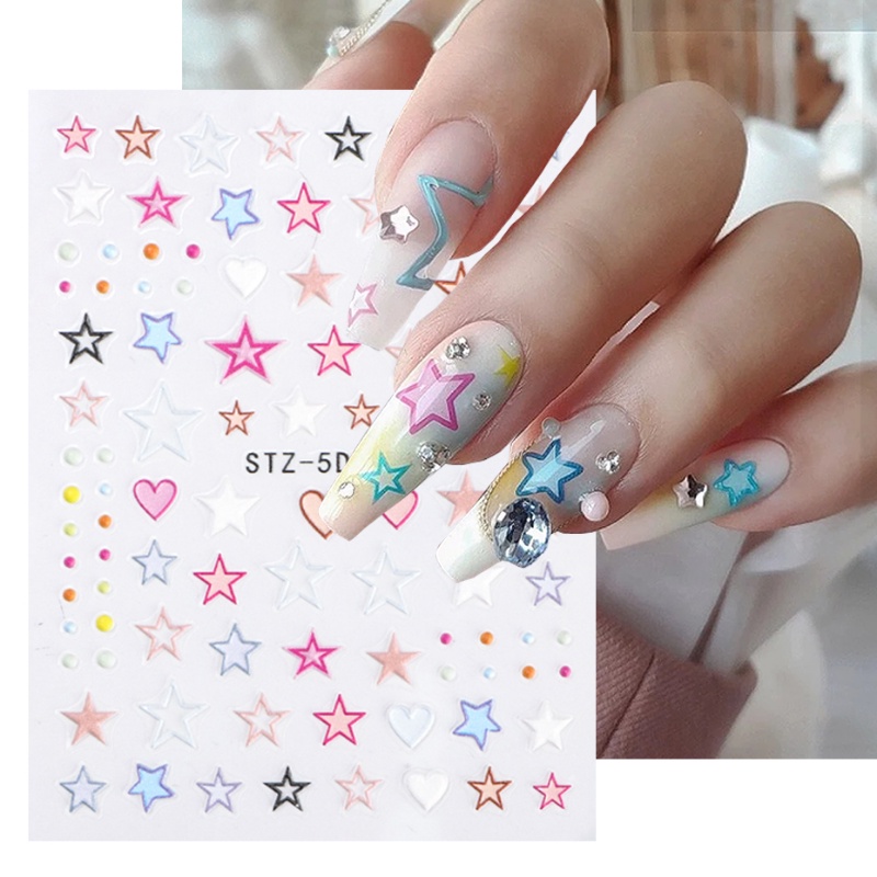 1pc Stiker Kuku Bintang 3D Lucu Pink Biru Cinta Hati Pelangi Planet Awan Manicure Tips Self-Adhesive Slider Nail Art Dekorasi