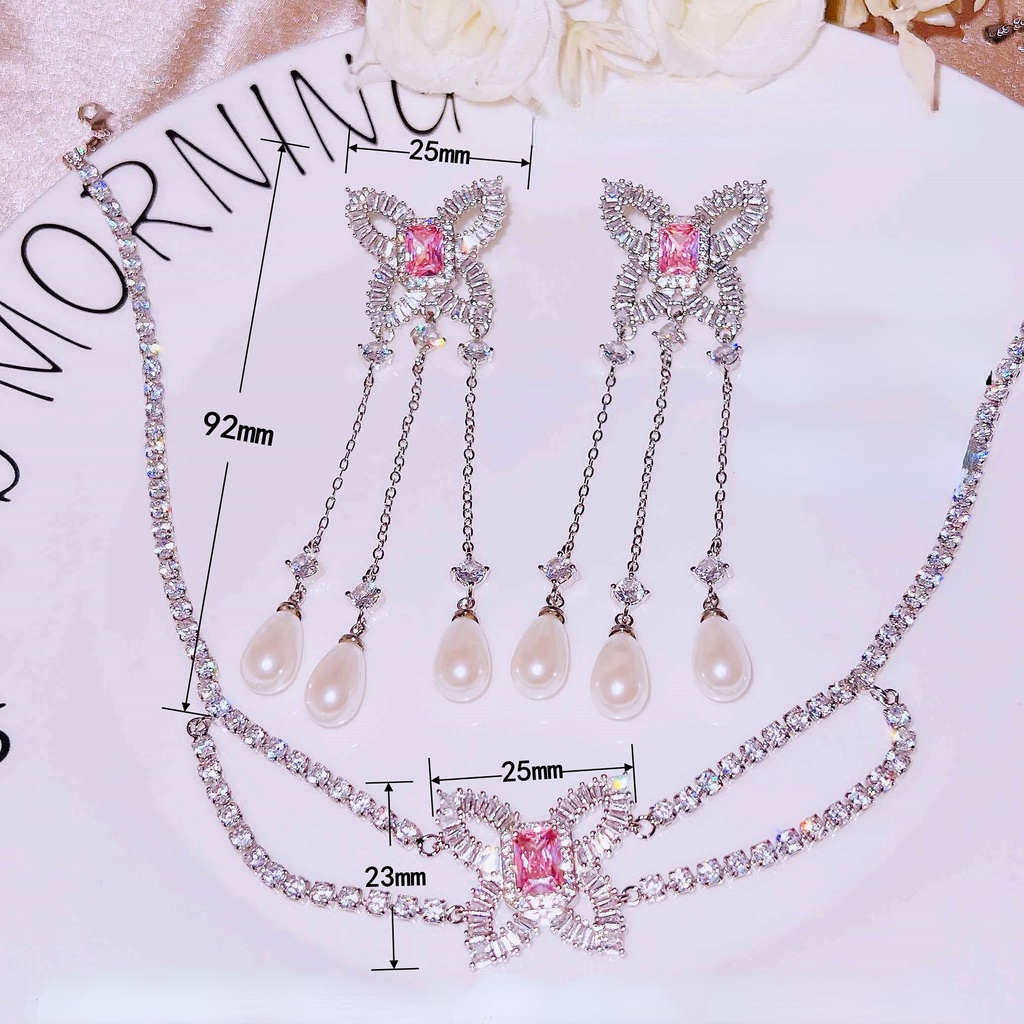 Goldkingdom Fashion Perhiasan Aksesoris Ready Stock Desainer Mewah Super Peri Kupu-Kupu Kalung Kecil Mengkilap T Persegi Merah Muda Berlian Anting Mutiara Perempuan