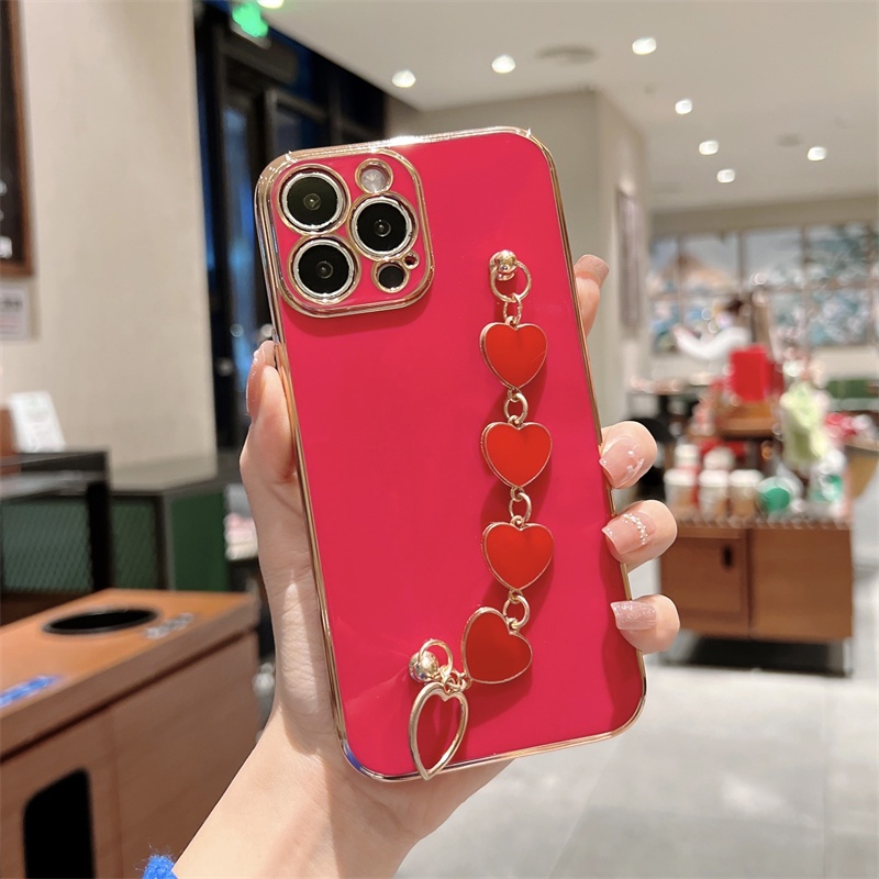 IPHONE Casing Ponsel Gelang Cinta Hati Plating Mewah Untuk Iphone14 13 11 Pro Max XR Xs7 8 Plus Warna Rantai Pergelangan Tangan Silicon Cover