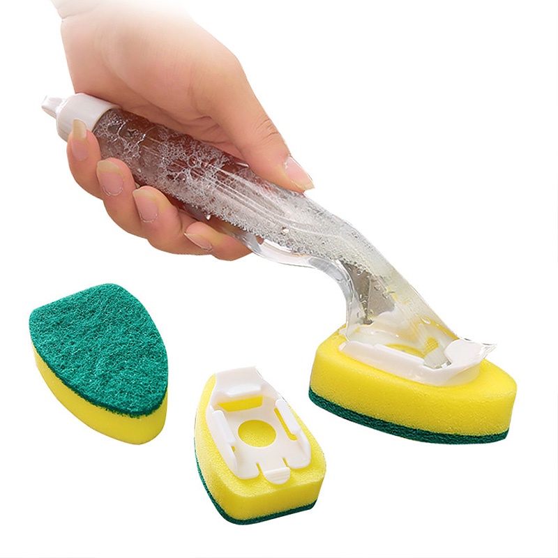 ღ Dapur Spons Sikat Pembersih dengan Cair Isi Ulang Menangani Scouring Pad Sponge Sikat Sponge Sikat Dispenser Dish Pot Mencuci alat