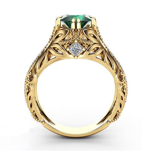 Goldkingdom Fashion Perhiasan Aksesoris Ready Stock Baru Zamrud Berlapis Emas 14 K Cincin Pertunangan Berlian Eropa Mewah