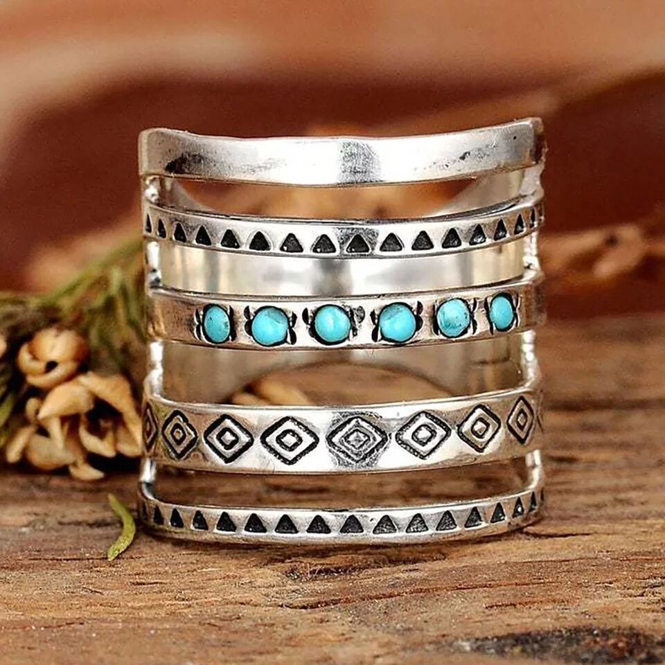 Cincin Bersama Jari Geometris Ukir Antik Modis Aksesoris Pesta Wanita Gaya Bohemian Kerawang Vintage Turquoise Ring