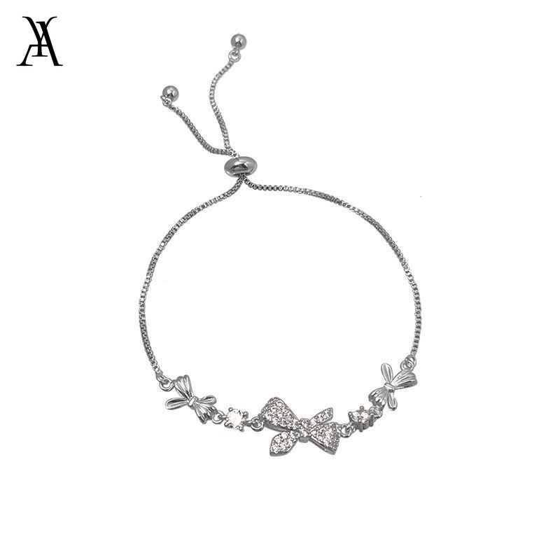 AY(CN) Sweet Bow Bracelet Gelang Rantai Kristal Silver Untuk Aksesoris Perhiasan Wanita