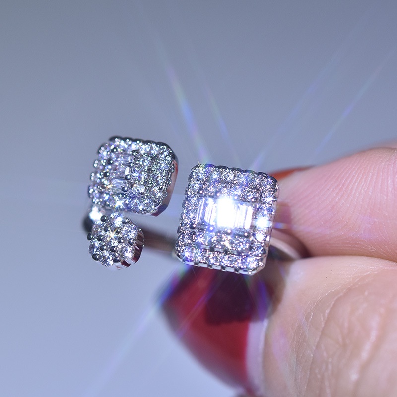 Goldkingdom Aksesoris Perhiasan Fashion Ready Stock Kreatif Persegi Penuh Berlian Cincin Perak Berlapis Cincin Pertunangan