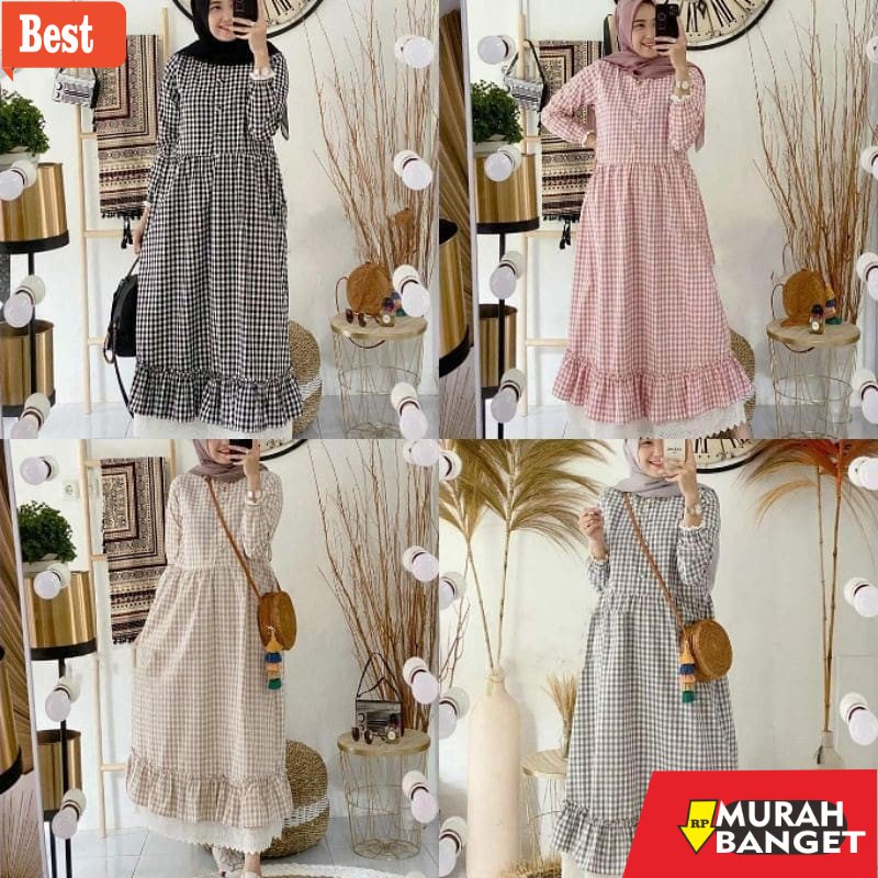 GAMIS RAMADHAN TERBARU UNTUK WANITA- [ARFA STYLE] Zeline Maxi - Dress Muslim Gamis Motif Kotak Bahan
