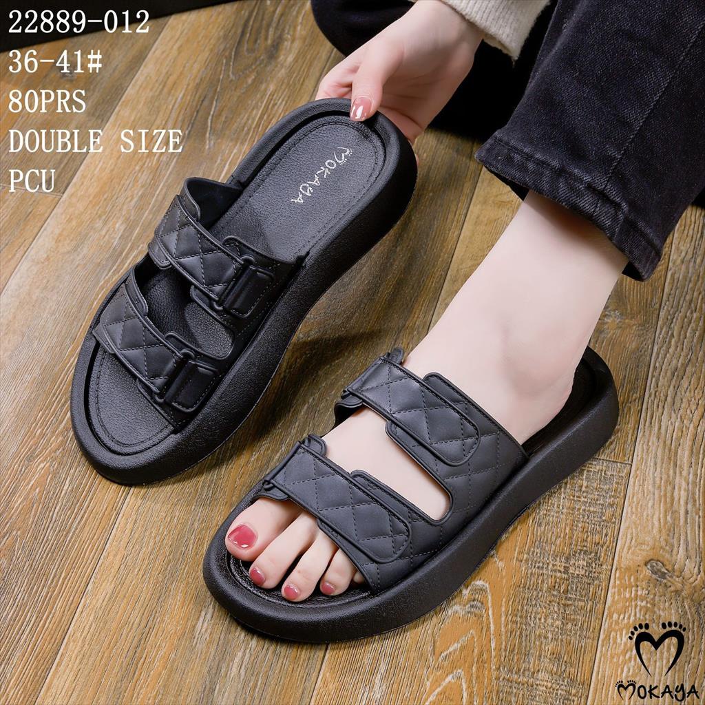 Sandal Slop Wedges Wanita Ban 2 Gesper Kotak Wajik Super Empuk Pretty Kekinian Import Mokaya / Size 36-41 (22889-013)