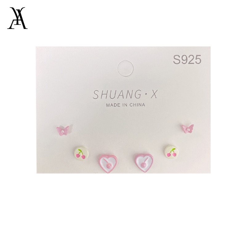 AY(CN) Set Anting Stud Desain Cherry Butterfly Heart Bahan S925 Silver Untuk Wanita