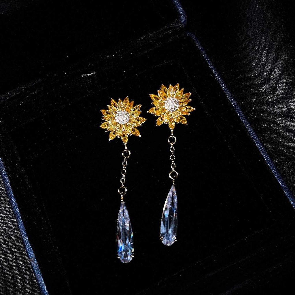 Goldkingdom Fashion Perhiasan Aksesoris Ready Stock Bunga Perak Jarum Anting Micro-set Zirkon Bunga Matahari Anting Berlian Kuning Mewah Anting