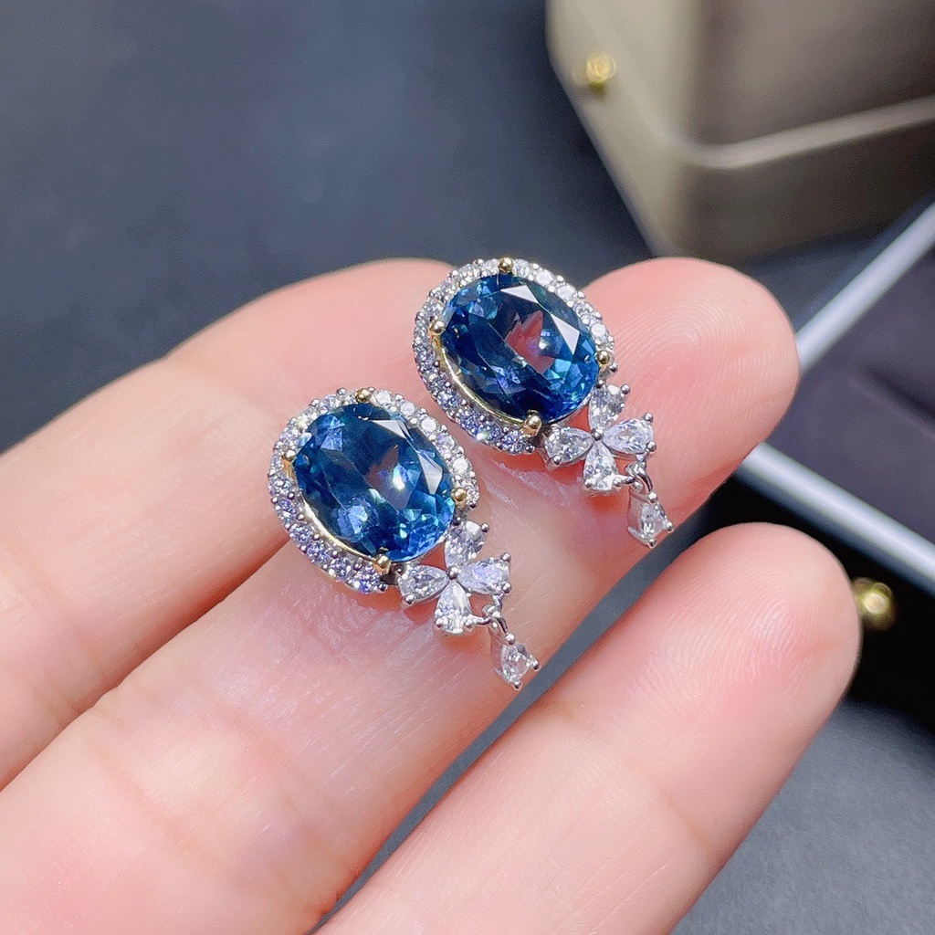 Goldkingdom Fashion Perhiasan Aksesoris Ready Stock Alami London Biru Topa Batu Anting Perempuan Eropa Amerika Cahaya Mewah Super Flash Laut Biru Harta Anting