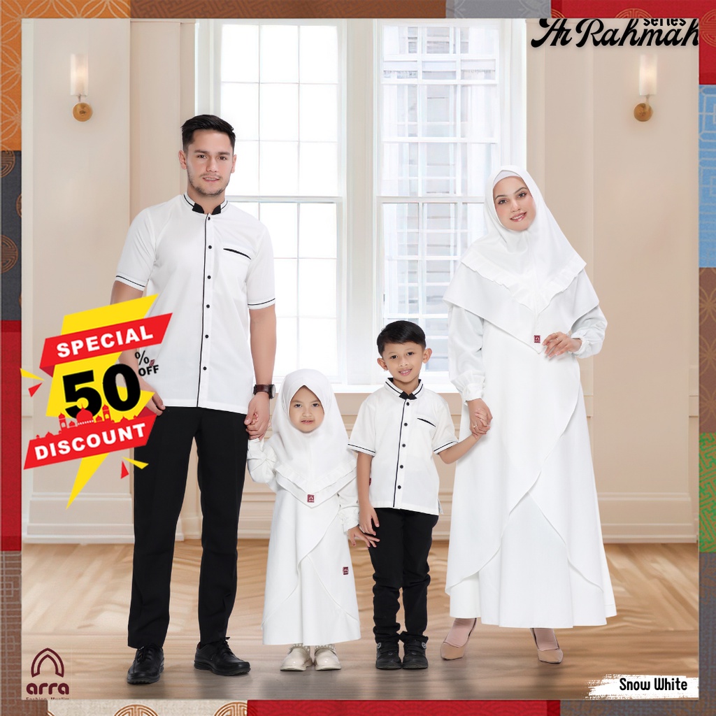 Baju Sarimbit Keluarga Muslim Family Set Lebaran Gamis Dres Couple Suami Istri Pasangan Ayah Anak Kids Laki Perempuan Syari Kapelan 2023 Jumbo Warna Putih Snow White