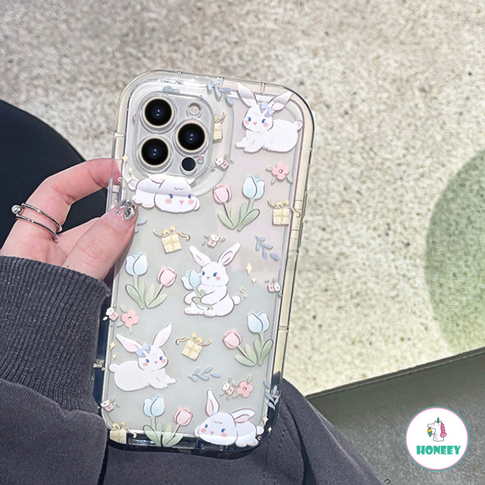 Cute Floral Flowers Rabbit Tebal Casing Ponsel Untuk iPhone 14 Pro 13 12 11 Pro Cover Silikon Lembut Indah Bumper Ponsel Bening Penutup Belakang