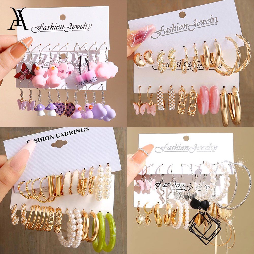 AY(CN) Set Anting Stud Kristal Mutiara Kupu-Kupu Warna-Warni Untuk Wanita