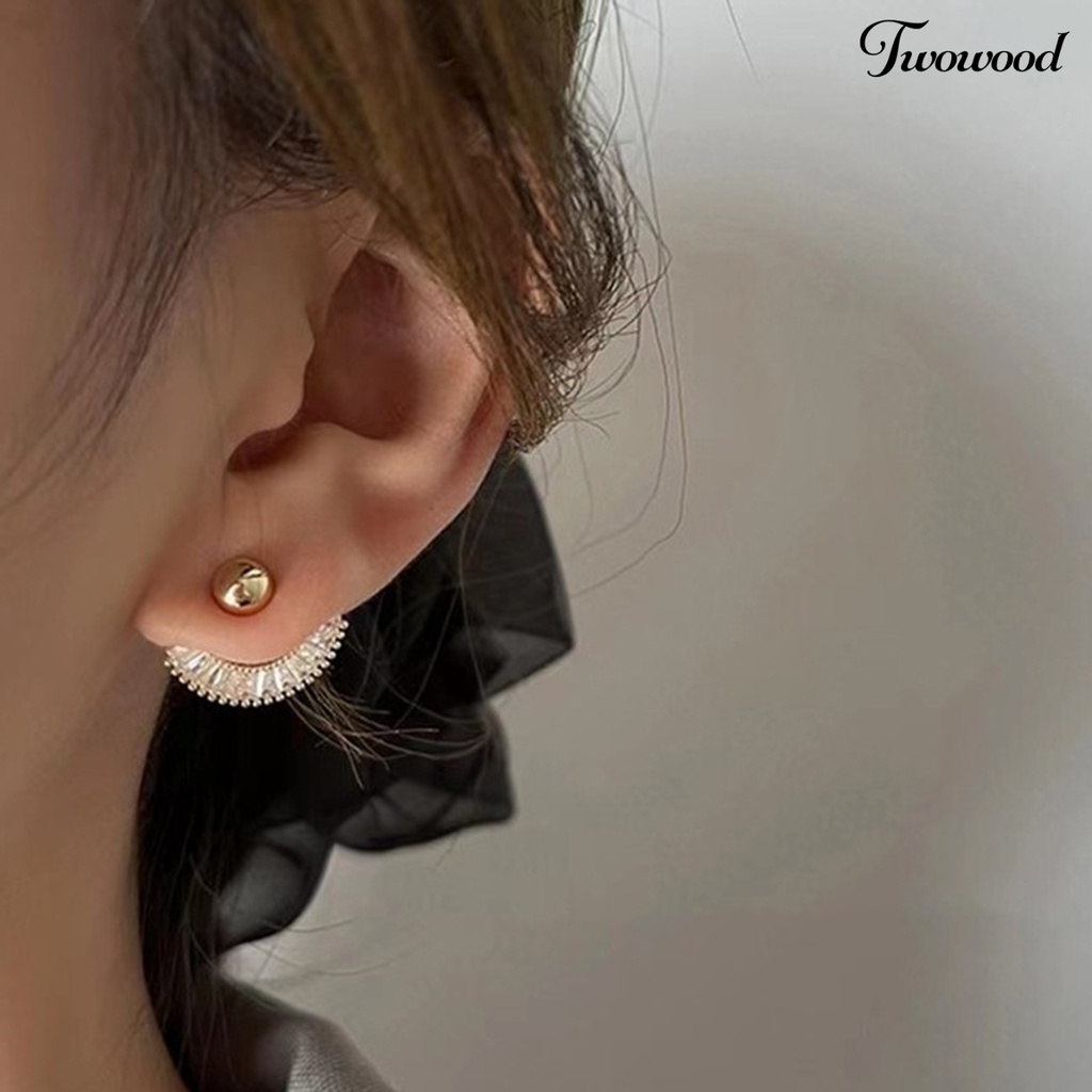 Twowood 1pasang Anting Tusuk Bergigi Dua Cara Memakai Berlian Imitasi Berbentuk Kipas Elegan Dekorasi Aksesori Manik Bulat Wanita Ear Studs Untuk Pacaran