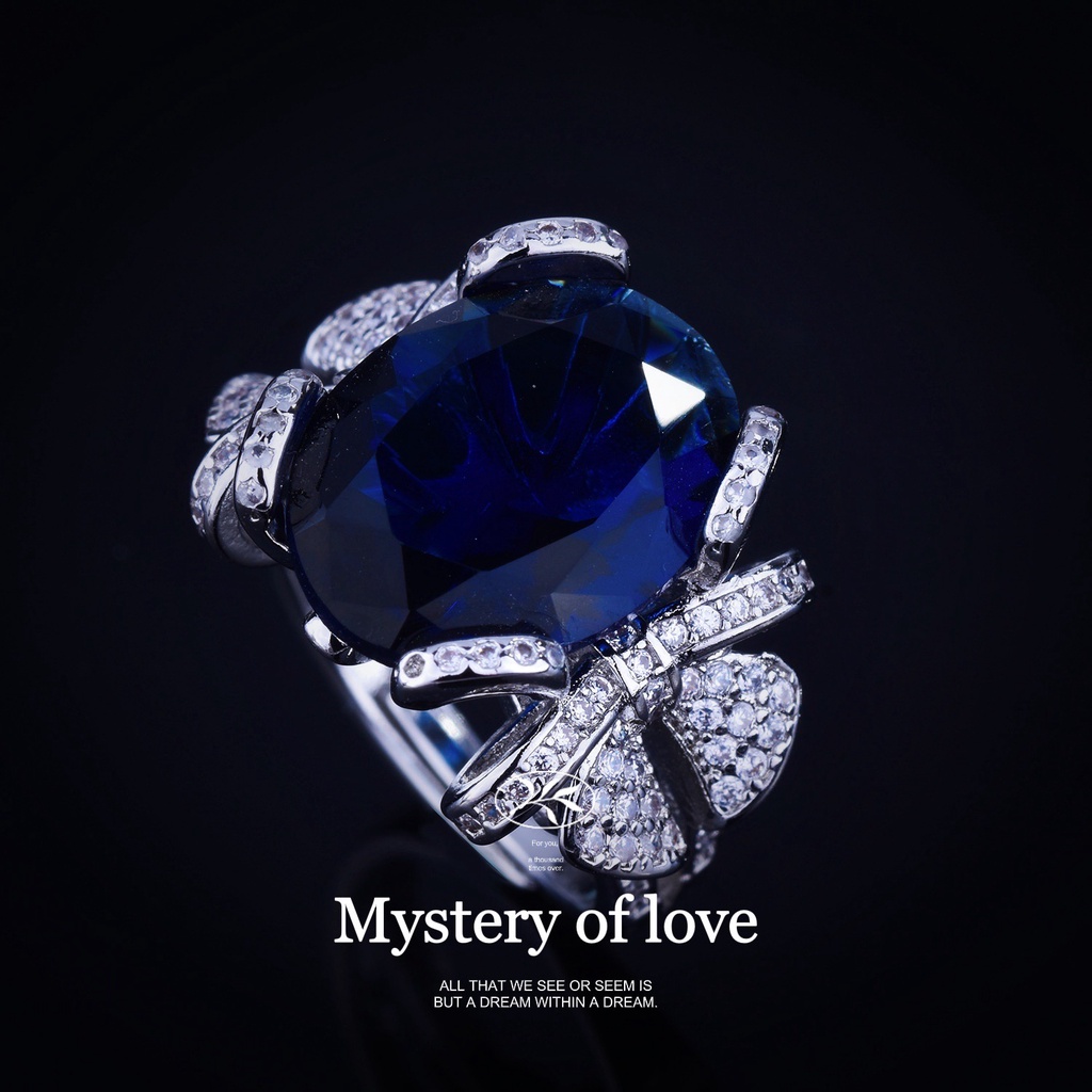 Goldkingdom Aksesoris Perhiasan Fashion Ready Stock Baru Chao Xian Busur Desain Royal Sapphire Open Ring Mewah Penuh Berlian Dan Pita Berwarna Harta Cincin