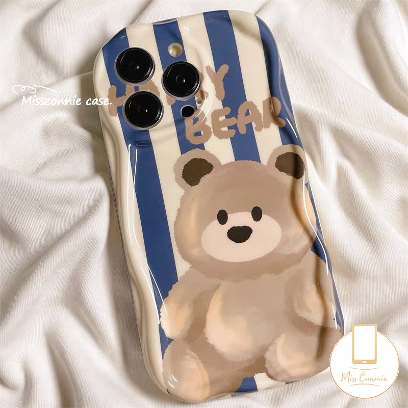 Case Garis Beruang Kartun Lucu Kompatibel Untuk iPhone 7Plus XR 11 Pro Max 6s 8 6 7 Plus 14 13 12 Pro Max X XS Max SE 2020 3D Wavy Curved Edge Glossy Airbag Lembut Tpu Shockproof Cover