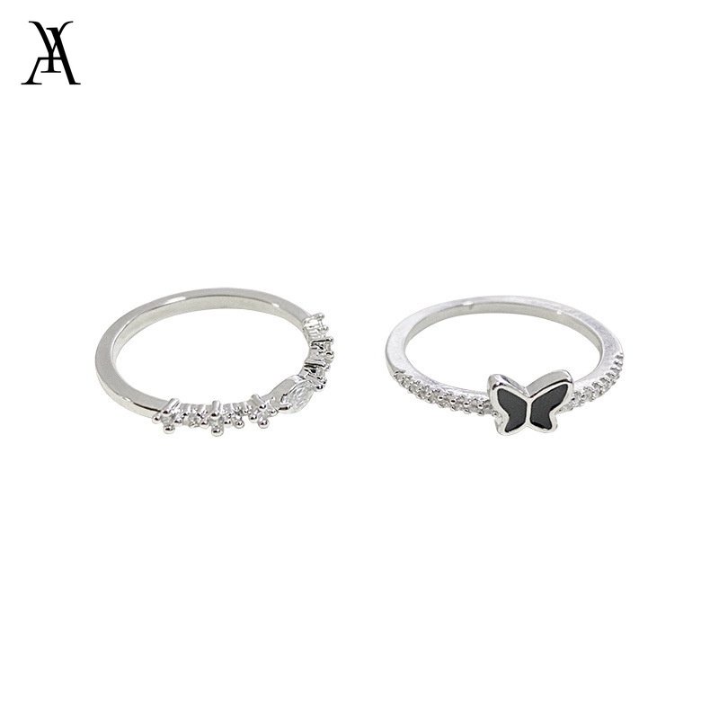 AY(CN) 2pcs/set Cincin Kupu-Kupu Elegan Set Untuk Wanita Menjatuhkan Minyak Kristal Cincin Perak Aksesoris Perhiasan